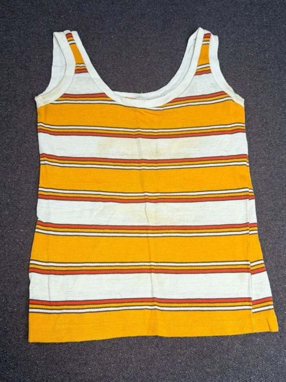 Vintage 1970s 80s Striped Yellow Multi-Color Ringer Tank Top Single Stitch Made